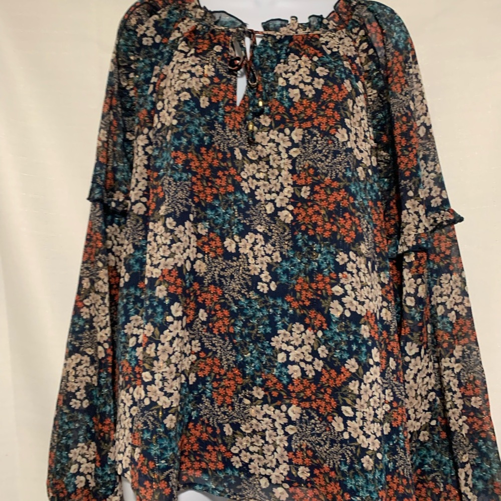 Wonderly Navy Floral Blouse with Orange and Cream Accents Ruffle Sleeves! - Picture 3 of 14